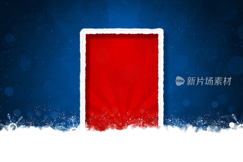 创造性的深色午夜宝蓝色圣诞背景,一个大的红色边框与白色抽象雪景圣诞主题门/门像边界和雪和雪花遍布地面和微妙的阳光或阳光